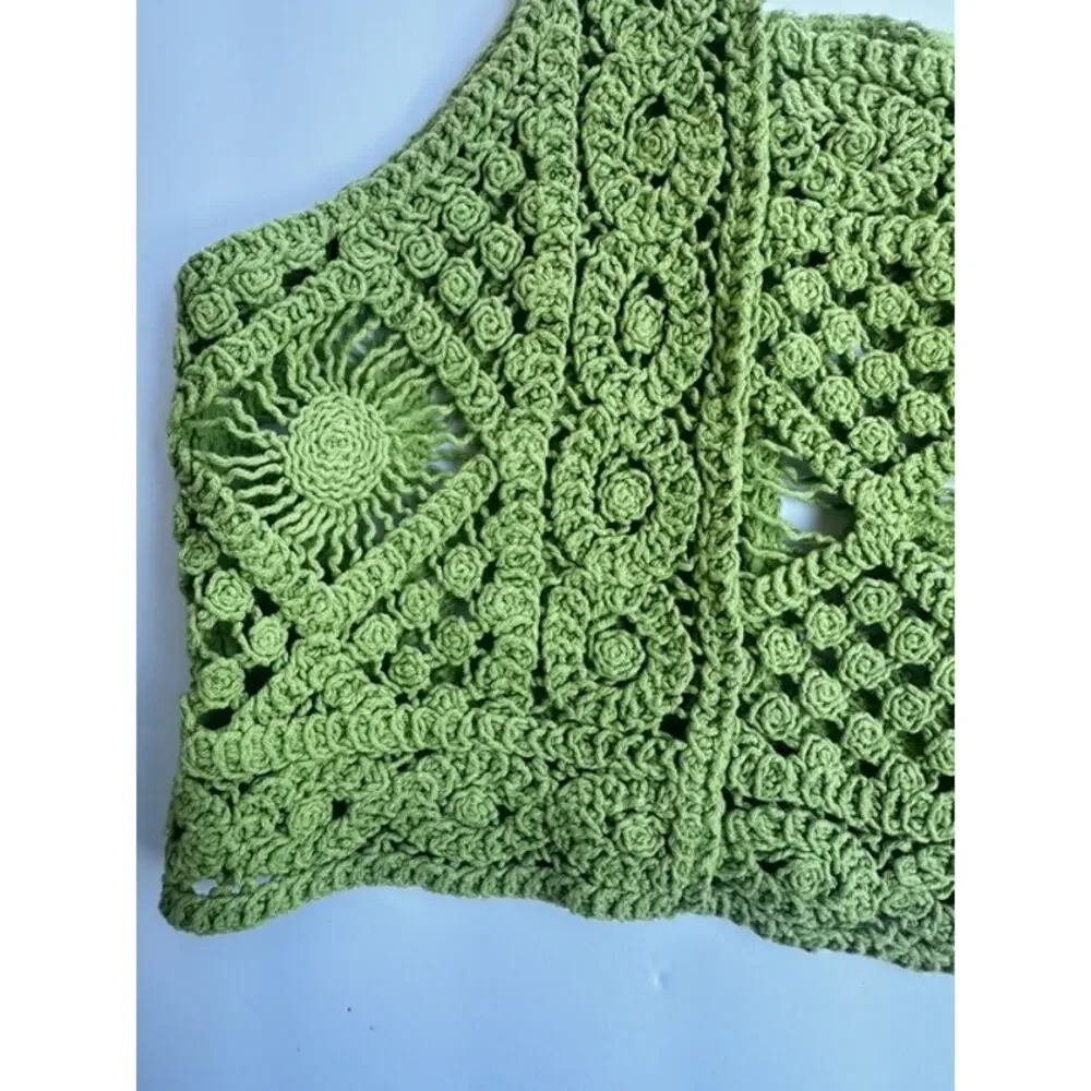 Zara Lime Green Crochet Knit Crop Top Boho Women's Small